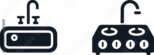 Sink and stove icons representing kitchen equipment for cooking and cleaning tasks.