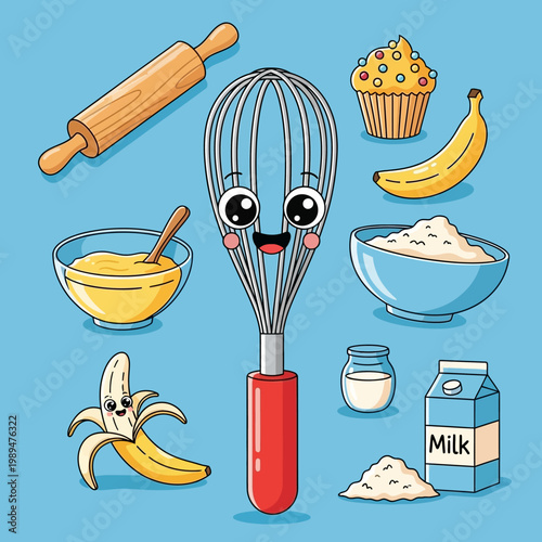Cute Kawaii Whisk Character Baking Ingredients and Tools.