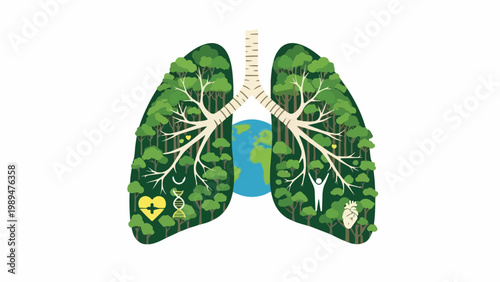 Illustration of lungs with tree foliage and earth, symbolizing environmental health and wellness on a white background.