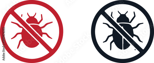Red and black bug prohibition signs showing insect crossed out for pest extermination.