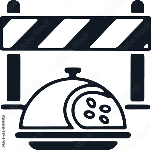 Food dish under a cloche lid on a platter with barrier symbol indicating food preparation or catering service.