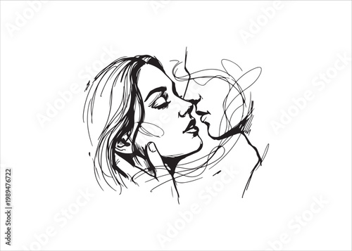 Sketch of two women faces touching noses  love and connection concept