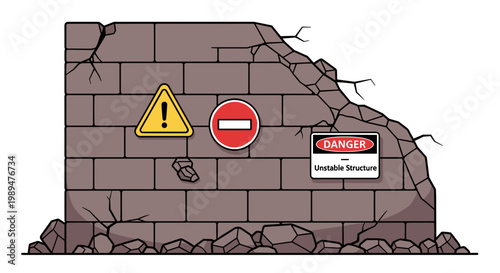 Crumbling Wall Adorned With Warning Signs Warns of Danger and Instability in an Abandoned Setting