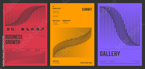 Abstract poster with line pattern. Vector set with bold typography on flat color background. Corporate template modern graphic design in red, orange and purple for business event, summit, gallery. 