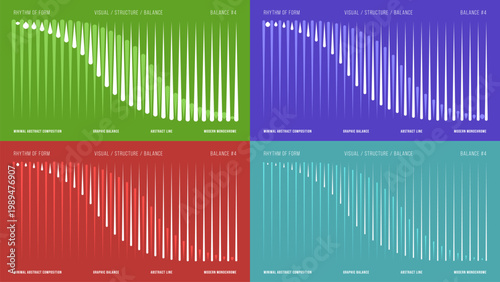 Abstract spike line vector composition set on flat color background. Minimal graphic design with rhythm pattern in green, purple, red and teal for art print, poster, branding, event cover and social