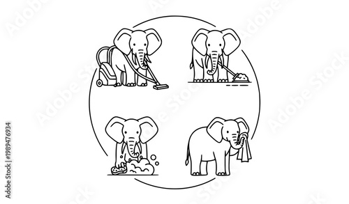 Cute African Elephant House Cleaning Line Icons Circular Layout Vector Set