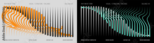Abstract distorted spike wave vector composition set on gray and black background. Minimal graphic design with sound wave rhythm in orange and teal for art print, poster, music event, branding