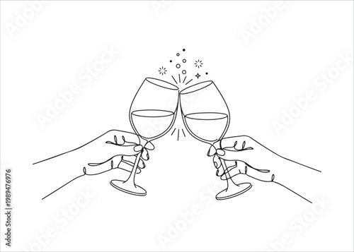 Two hands holding wine glasses clinking together in celebration  festive drinking scene