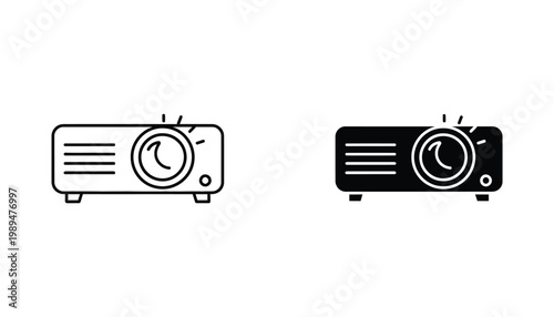Modern multimedia projector equipment icon for professional business presentations and cinematic home theater setups in both outline and solid black vector graphic style