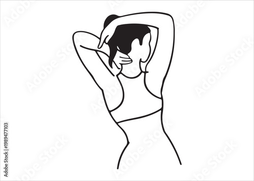 Woman stretching her arms up and touching her hair  simple line drawing