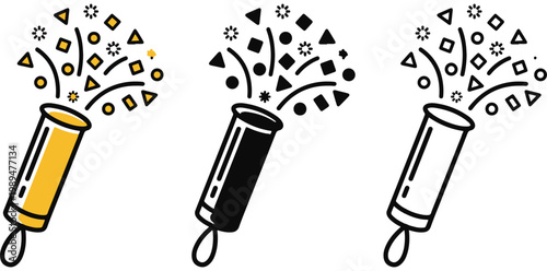 A colorful illustration of three party poppers exploding with vibrant shapes and designs