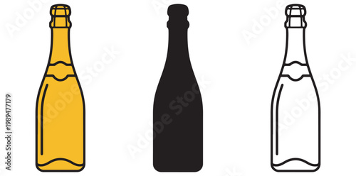 An illustration of three wine bottles in different colors and styles on a white background