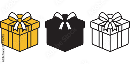 Three gift boxes with ribbons in different colors on a white background
