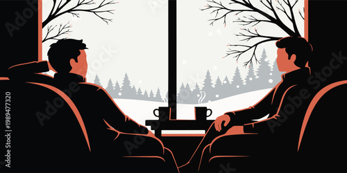 Two men sit by a window enjoying a quiet moment together in a serene winter landscape