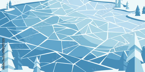 A frozen lake with cracked ice and snow covered pine trees in a serene winter landscape