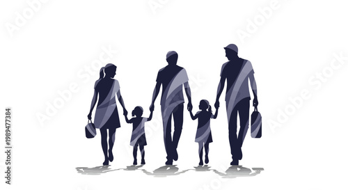 A minimalist silhouette illustration of a diverse family with three adults and two children walking together, holding hands, against a white background.