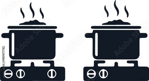 Cooking pots on stove vector icons isolated on transparent background. Hot food preparation symbols.