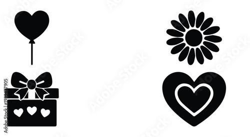 Set of 4 Black Silhouette Valentine's Day and Love Icons Vector