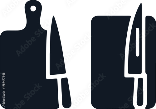Cutting board and knives kitchen utensils food preparation chopping slicing cooking tools chef equipment culinary tools.