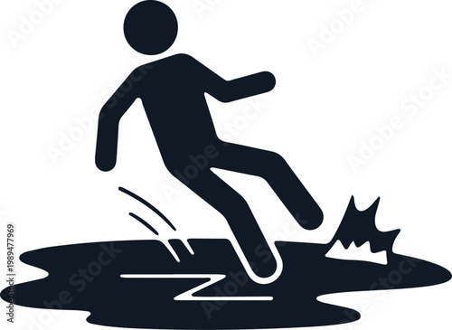 Person slipping on wet floor danger hazard slippery surface accident fall risk caution wet liquid caution sign.
