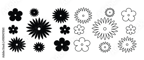 Set of 16 Black and White Outline and Solid Flower Vector Icons