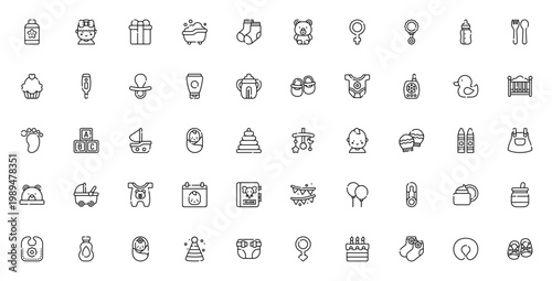 Baby Shower icon set. Vector illustration pack featuring baby powder, bathing, feeding, stroller, clothes, toys, balloons, and more. Editable linear icons.