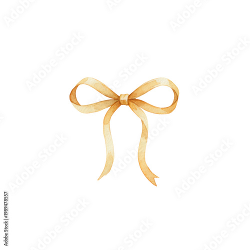 Delicate honey and golden yellow ribbon bow painted on textured watercolor paper with visible fiber grain and soft shadow, festive celebration atmosphere
