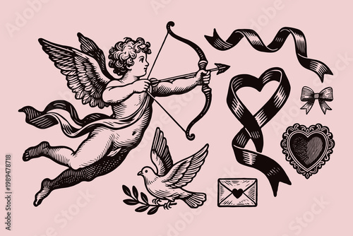 Cupid aiming a bow surrounded by heart, dove, ribbon, envelope, and bow in vintage engraving style on a soft pink background. Love Valentines Day concept