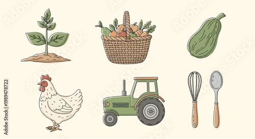 Farm Life and Agriculture Illustration Set, Organic Gardening Seedling and Harvest Basket, Green Tractor and Poultry Farm Vector Graphic for Farmer Market Branding