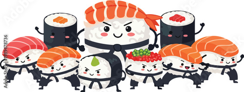 Group of cute cartoon sushi characters practicing martial arts with black belts.