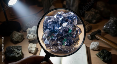 Magnifying Glass Examines Intricate Crystal Formation