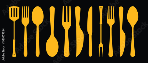 Set of golden kitchen utensils and cutlery icons on black background.