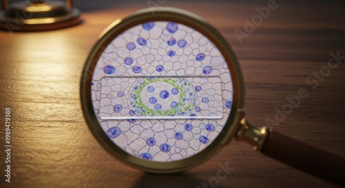 Magnifying Glass Examines Plant Cell Slide Detail
