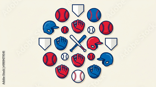Baseball Equipment Collection Arranged in a Circular Pattern.