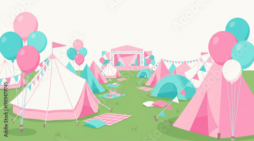 Festive Glamping Tents with Balloons and Bunting.
