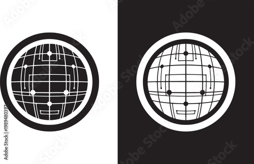 A couple of black and white images of a globe