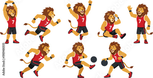 Sporty humanized lion character poses with spiky mane red athletic jersey black shorts stretching sprinting jumping for athletic mascot branding design