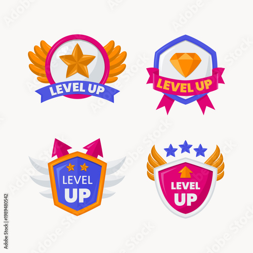 Level Up Badge Overlay Collection Featuring Colorful Emblems with Stars, Shields, Wings, and Ribbons for Gaming Achievements, Progression Rewards, and Modern Creative Graphics