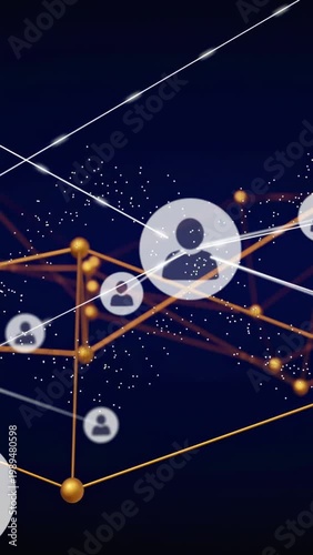 Vertical video: Main avatar emerging pulsing linking gold dots via white beams showing tech network