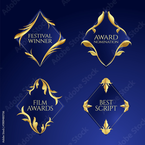 Festival and Film Award Emblem Overlay Collection Featuring Golden Diamond Frames with Decorative Flourishes for Best Script, Award Nomination, Festival Winner, and Film Awards Recognition Graphics