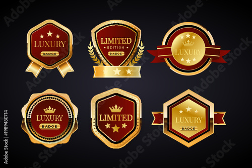 Luxury Red and Gold Badge Overlay Collection Featuring Circular, Shield, and Hexagonal Emblems with Crowns, Stars, Ribbons, and Laurel Branches for Premium Branding, Exclusive Packaging, and Modern 