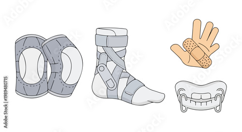 Flat lay illustration of medical equipment including knee braces, an ankle brace, a prosthetic hand, and dental braces on a white background.