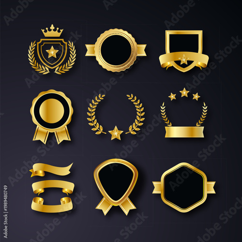 Luxury Gold and Black Award Emblem Overlay Collection Featuring Laurel Wreaths, Stars, Shields, Ribbons, and Geometric Frames for Certificates, Achievements, Premium Branding, and Modern Creative 