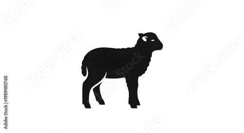 Black Silhouette of a Young Lamb Standing on a White Background.