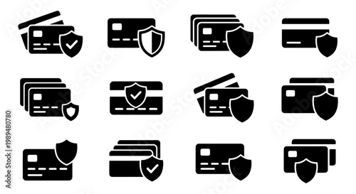 Secure credit card icons set, 12 black payment card symbols with protection shields, financial data security vector elements for banking apps
