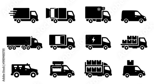 Delivery truck icon set, commercial transport vehicle silhouettes, 12 logistics and shipping van symbols, heavy freight and cargo distribution vectors