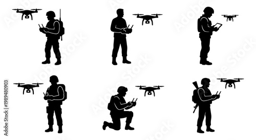 Military drone operator silhouettes, soldier controlling quadcopter icons, army surveillance technology vector set, tactical uav pilot silhouettes
