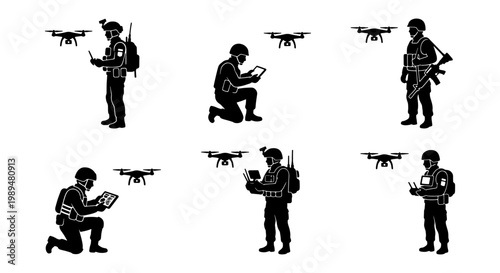 Military drone operator silhouettes set, soldiers controlling quadcopters with remote tablets, tactical surveillance and reconnaissance vector icons