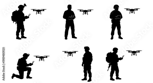 Military drone operator silhouettes set, soldier controlling quadcopter vector icons, army surveillance and reconnaissance drone pilot collection