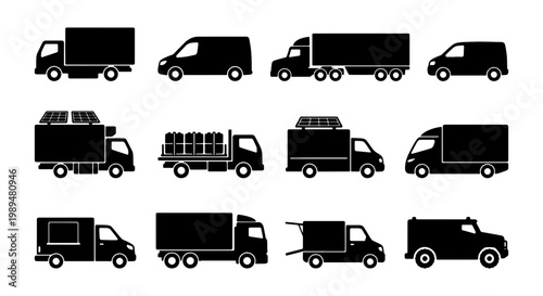 Delivery truck silhouette icons set, commercial transport vehicle collection, 12 black freight van and semi trailer vector symbols for logistics and shipping